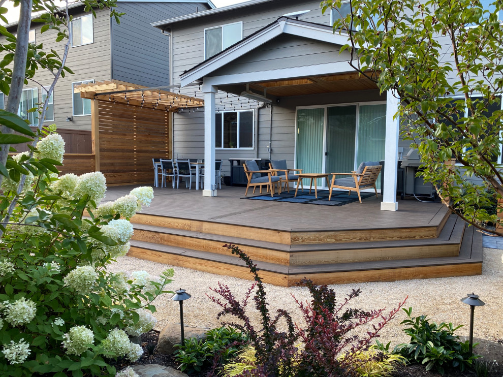 Woodinville deck, pergola, and planting after